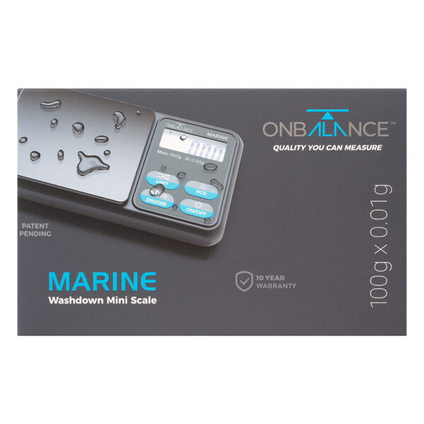 Afspoelbare precisie weegschaal Marine MAR-100 0.01 gram van On Balance Weegschalen verpakking