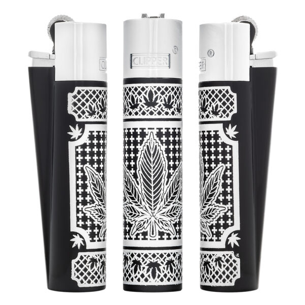 Coole metalen Clipper aanstekers met Good Grass print met zilver wietblad patroon op een zwarte aansteker