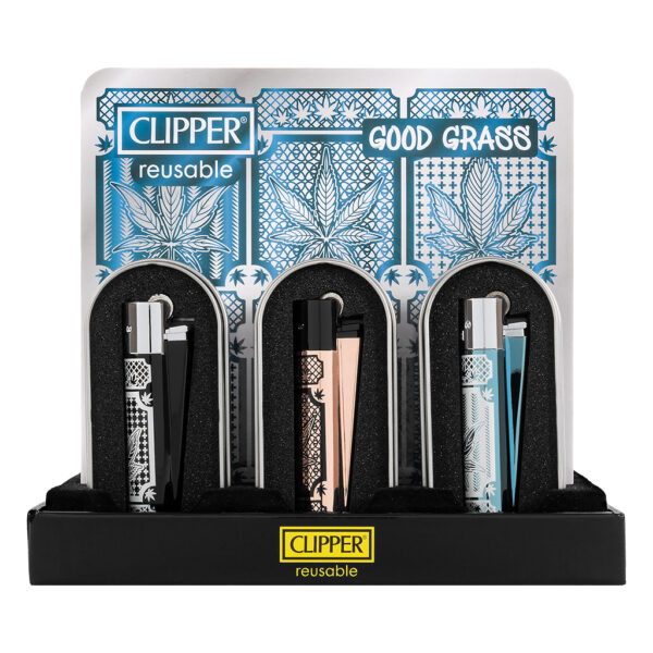 Navulbare, grappige aansteker van Clipper van metaal met Good Grass print in een luxe verpakking