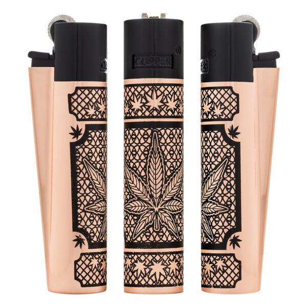 Clipper aansteker van metaal met zwarte Good Grass print op een rose gouden aansteker