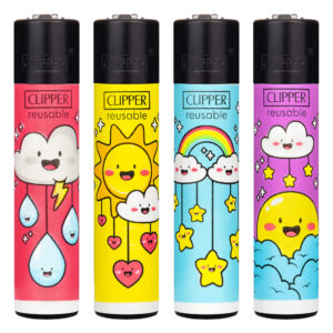 Navulbare, grappige aansteker van Clipper met Sun & Rain print met zon, wolken en sterren