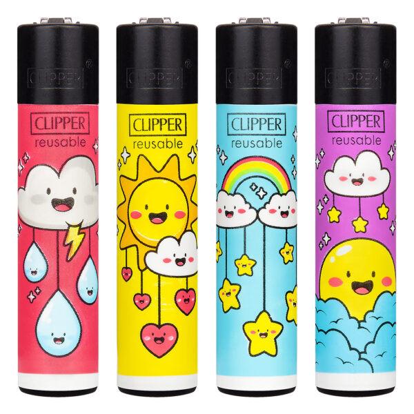 Navulbare, grappige aansteker van Clipper met Sun & Rain print met zon, wolken en sterren