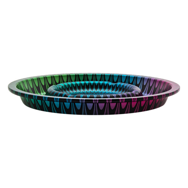 Metalen coffeeshop asbak Trippy #1 van 16cm met kleurrijk psychedelisch patroon voor joint of sigaret