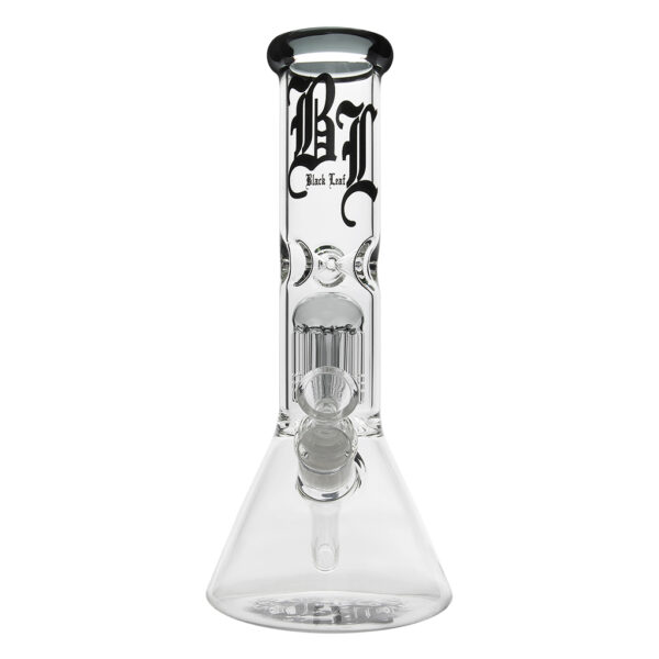 Ice bong van glas met een 8-arm tree perc en Black Leaf logo