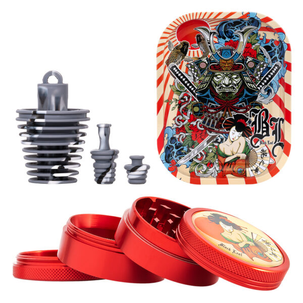 Cilinder waterpijp Ronin en Geisha kit 40cm van Black Leaf wordt geleverd met een rolling tray, grinder en 3 pluggen