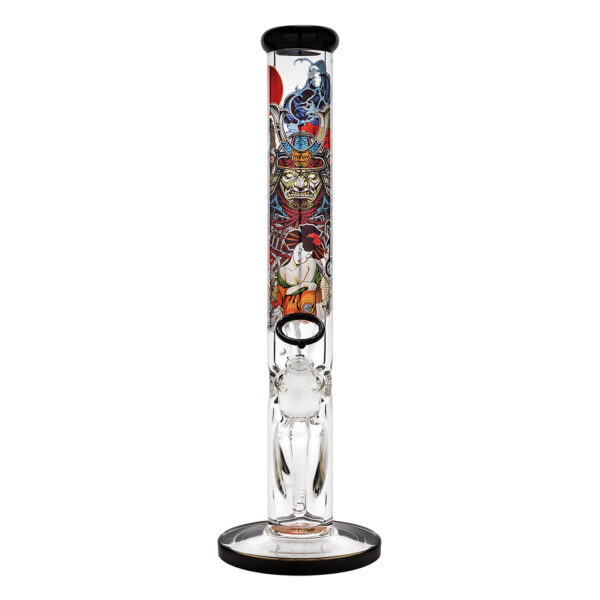 Cylinder ice bong van Black Leaf is 40cm hoog, voorzien van coole Ronin en Geisha print en geschikt voor ijsklontjes om de rook te koelen en te filteren