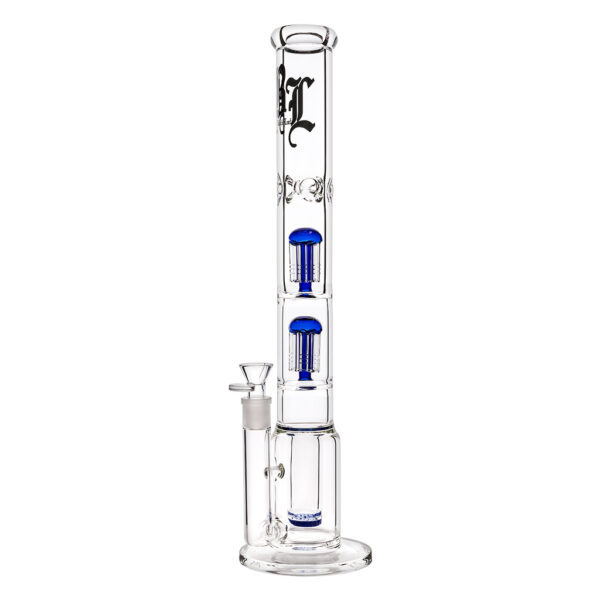 IJsbong van glas met honeycomb en 2 blauwe 6-arm percs van Black Leaf voor het koelen en filteren van rook